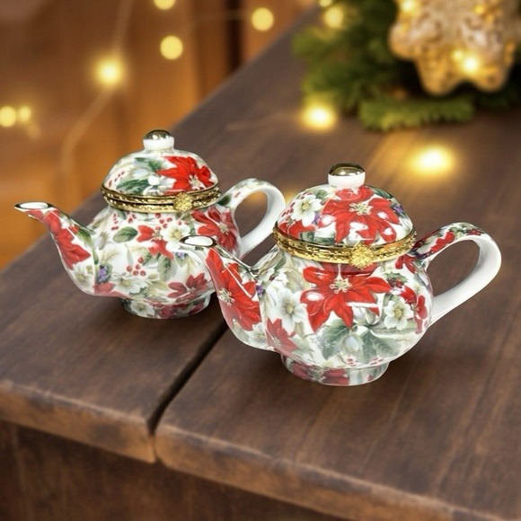Formalities Baum Bros Poinsettia Chintz Mini Teapots Trinket Boxes Set Porcelain - Picture 1 of 15